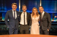 Helene Olafsen og Stian Blipp tar over Senkveld fra høsten på TV 2. Da blir det "Senkveld med Stian og Helene". Her sammen med dagens programledere Thomas Numme og Harald J. Rønneberg. Foto: Jan-Petter Dahl, TV 2.