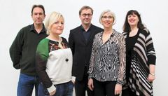 Utvalget for statens stipend og garantiinntekter for kunstnere 2014-2017: F.v. musiker og komponist Kjell Samkopf (vara for skuespiller Ulla Marie Broch), forfatter og billedkunstner Ann Kavli, jusprofessor Finn Arnesen (nestleder), museumsdirektør Alfhild Skaardal (leder) og fylkeskultursjef Nina Badendyck.