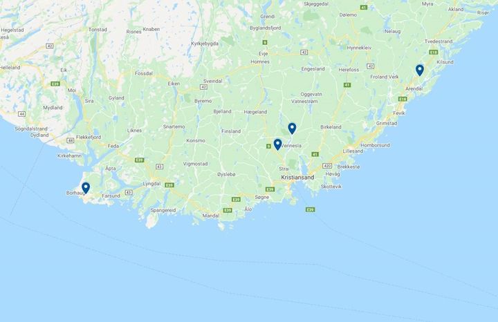 Disse fire tomtene vurderes videre for batterifabrikk; Eyde Energipark (Arendal), Lista (Farsund), Støleheia Sør (Kristiansand) og Otra (Vennesla).