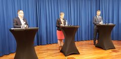Styreleder i KS, Bjørn Arild Gram, president i Legeforeningen, Marit Hermansen og helse- og omsorgsminister Bent Høie, under pressekonferansen om Handlingsplan for allmenlegetjenesten 2020-2024 11. mai. Foto: KS