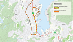 Kart som viser hvilken del av rv.83 som skal stenges, og mulige omkjøringsruter om Margrethe Jørgensens vei og Seljestadveien. Illustrasjon: Statens vegvesen