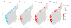 En visualisering av modellresultatene, som viser populasjonen av voksne lakselus i lakseoppdrettsanlegg (hvert punkt representerer ett anlegg) i Sør-Norge over en periode på 10 år. Fargen på punktene representerer frekvensen av mutasjonen (R) som gjør lusen resistent mot azametifos. Blå = de fleste lusene er mottakelige for lusebehandlingen; rød = de fleste lusene er resistente. Størrelsen på punktene viser lusemengden i oppdrettsanleggene. Figuranimasjonen er tilgjengelig her: https://cloudstor.aarnet.edu.au/plus/s/WnqoSnovnv6qjmq.