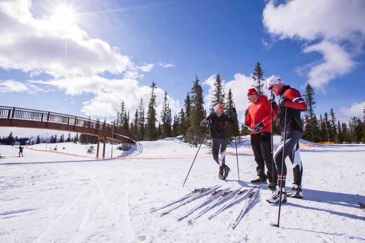 Svein Ivar Moen, Haakan Nordbäck og Peter Blom i Madshus diskuterer egenskapene til et skisett som er laget for våt snø og varmt vær. Bildet er tatt under en skitest på Natrudstilen i ifjor vår. Foto: Stefano Zatta