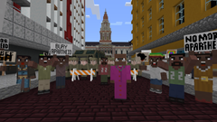 Desmond Tutu i "Peace Builders". Spillet blir tilgjengelig i Minecraft Education Edition og på Minecrafts hovedplattform Bedrock.