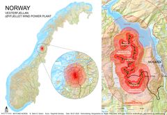 kart som viser lokalisering av det kontroversielle Øyfjellet vindkraftverk på Helgelandskysten. kart: Bård Solem, Motvind Norge