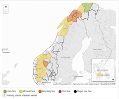 Snøskredfaren er betydelig i Jotunheimen og flere regioner i Nord-Norge onsdag 12. mai. Kilde: varsom.no