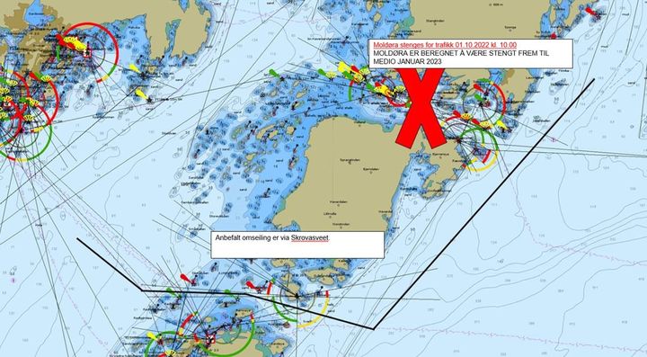 Kystverket ber sjøfarende i Lofoten være obs på stengningen av farleia i Molldøra fra 1. oktober. Det er anbefalt omseiling via Skrovasveet.