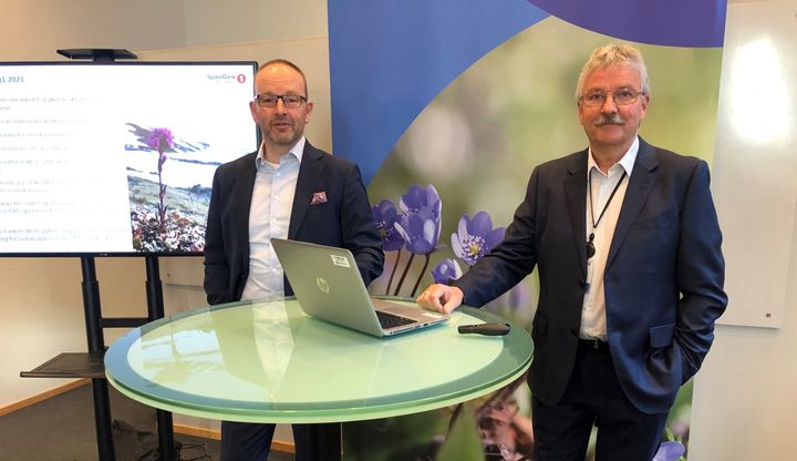 Finansdirektør Geir-Egil Bolstad og konsernsjef Richard Heiberg i SpareBank 1 Østlandet la fredag 30. april fram resultatet for første kvartal 2021.