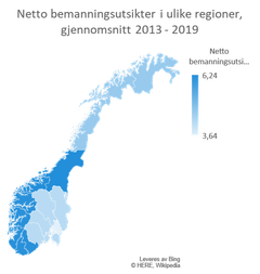 Netto bemanningsutsikter, gjennomsnitt for norske regioner 2013-2019.