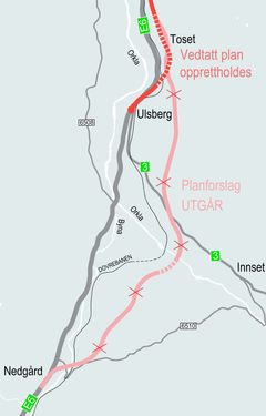 Nye Veier går tilbake til opprinnelig veilinje på Ulsberg. Utredningsarbeid viser at det blir for kostbart å bygge veien fra Nedgård til Toset.