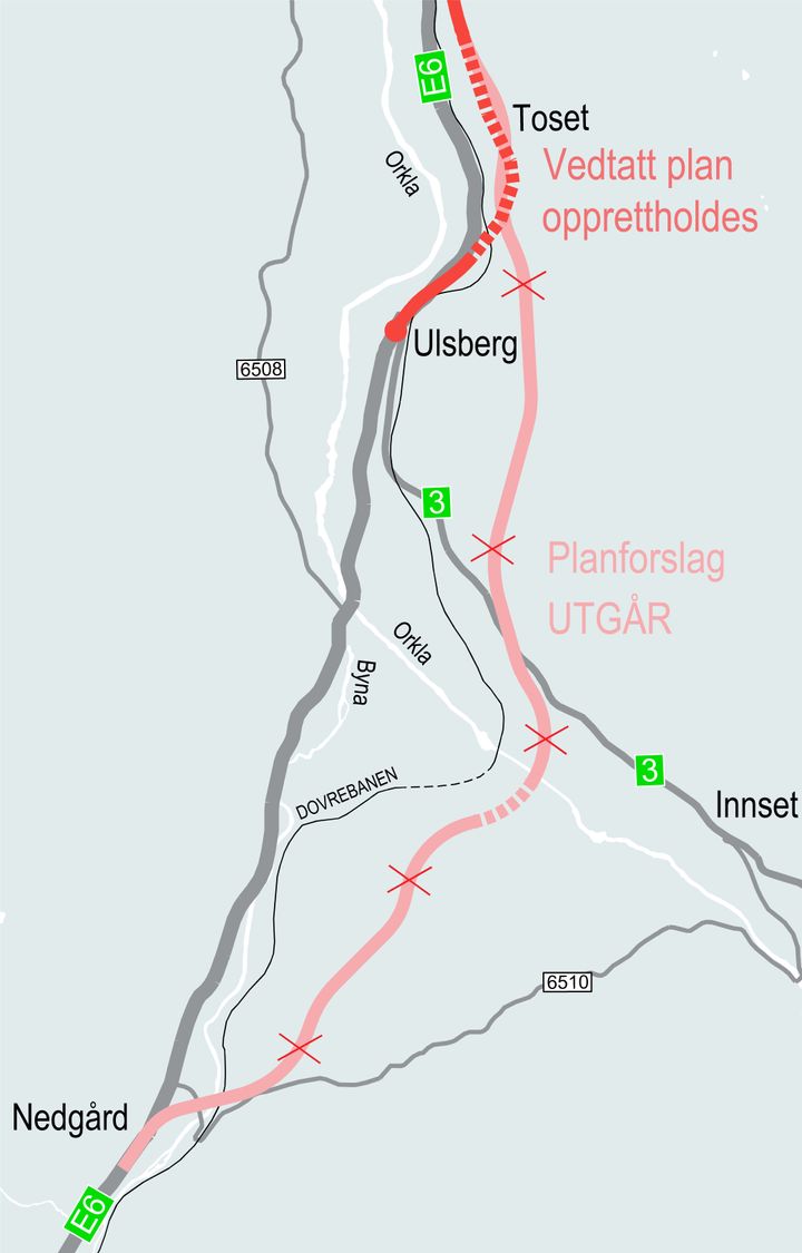 Nye Veier går tilbake til opprinnelig veilinje på Ulsberg. Utredningsarbeid viser at det blir for kostbart å bygge veien fra Nedgård til Toset.