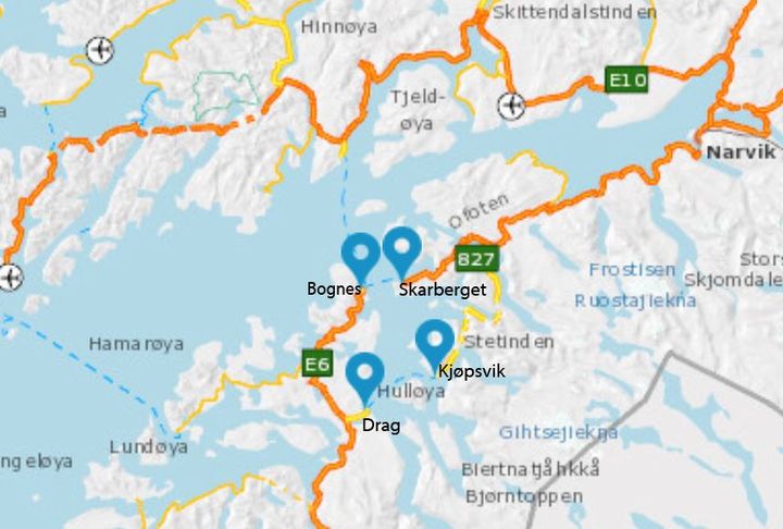 Sambandene rv. 827 Drag-Kjøpsvik og E6 Bognes-Skarberget over Tysfjorden i Nordland.