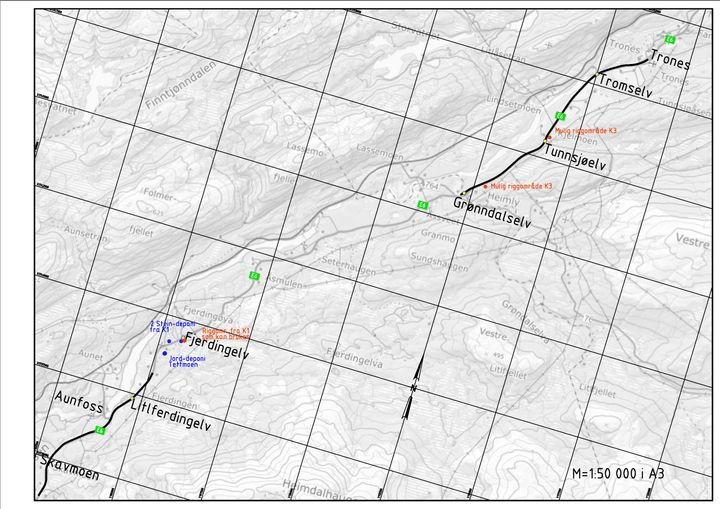 Oversiktskart: De ulike tiltak og utbedringer i kontrakten (K3) er markert med svart strek langs to strekninger på E6 sør for Trones og sør for Fjerdingen i Trøndelag.