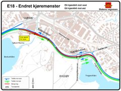 I perioden uke 27 til uke 32 vil det være ett kjørefelt i hver retning på E18. Det vil føre til trafikale utfordringer og kø.