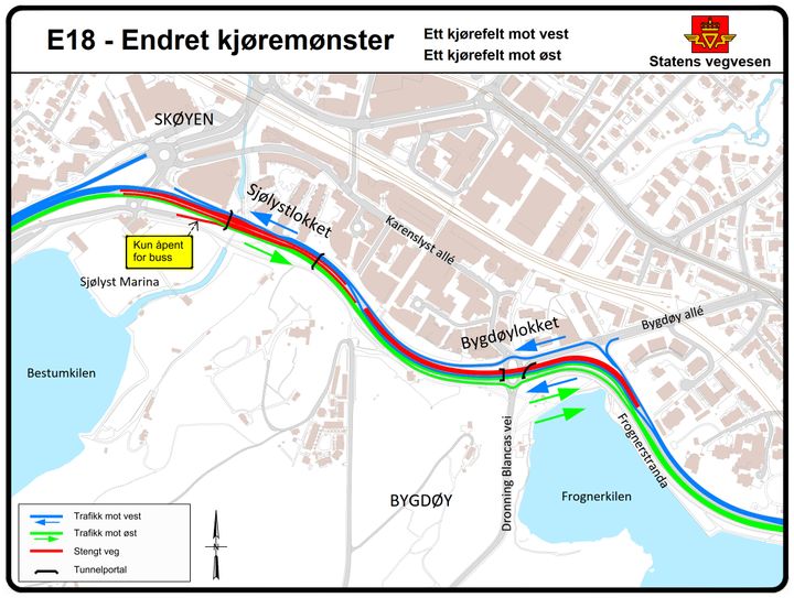 I perioden uke 27 til uke 32 vil det være ett kjørefelt i hver retning på E18. Det vil føre til trafikale utfordringer og kø.