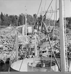 Det var STK, Standard Telefon- og Kabelfabrik, i dag Nexans Norway, som produserte de gamle sjøkablene som var i drift i et halvt århundre. Her er bilde fra operasjonen mellom Son og Filtvedt i 1959. Foto:Leif Ørnelund  Oslo Museum
