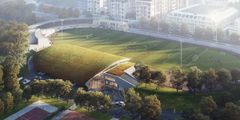 Arkitektene har utformet hallen slik at den vil fremstå godt integrert i omgivelsene og tilpasset det fredede området det skal ligge i. Illustrasjon: Dyrvik Arkitekter AS