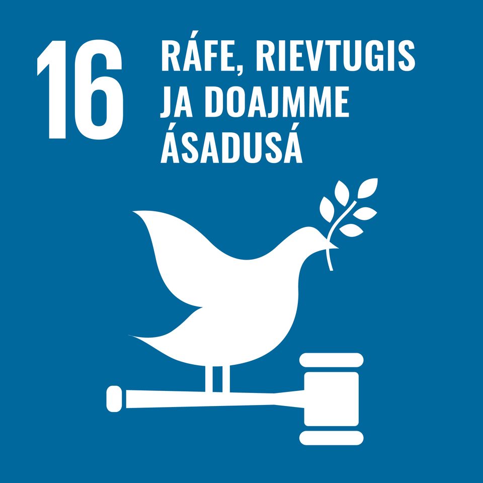 FNs bærekraftsmål nummer 16 ser slik ut på lulesamisk: Fred, rettferdighet og velfungerende institusjoner. Grafikk: FN-sambandet