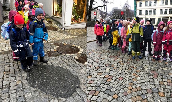 Under en tur til Bergen sentrum spurte en elev hvorfor det er så mye brostein i gatene. Ingen gode svar til et godt spørsmål ble til noe klassen ville forske på. Foto: Rolland skole