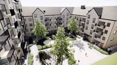 AF Gruppens datterselskap HMB Construction har inngått avtale om å bygge 121 leiligheter for Riksbyggen i sentrum av Gävle. Ill. Riksbyggen