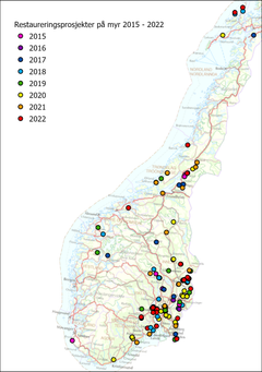 I 2022 ble 31 ødelagte myrområder i Norge restaurert, og totalt 71 km med grøfter ble tettet. 33 dekar av torvtektsområder restaurert.