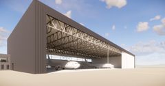 På Evenes flystasjon skal Peab Bjørn Bygg oppføre ny hangar for militære overvåkningsfly P-8. Illustrasjon: Forsvarsbygg