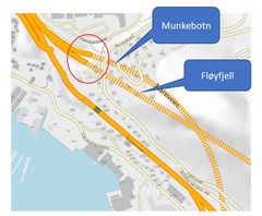 Også nordgående løp i Fløyfjellstunnelen blir stengt i forbindelse med brannøvelse i Munkebotstunnelen natt til fredag. Illustrasjon: Statens vegvesen