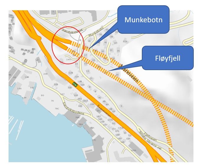 Også nordgående løp i Fløyfjellstunnelen blir stengt i forbindelse med brannøvelse i Munkebotstunnelen natt til fredag. Illustrasjon: Statens vegvesen