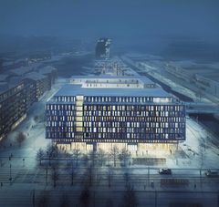 Bygget vil få et moderne uttrykk med utstrakt bruk av takhager og takterrasser som passer godt inn i bybildet. Illustrasjon: Mir