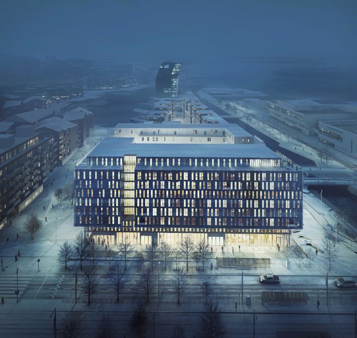 Bygget vil få et moderne uttrykk med utstrakt bruk av takhager og takterrasser som passer godt inn i bybildet. Illustrasjon: Mir