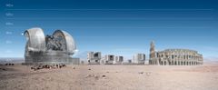 Størrelsesforhold. Fra venstre: ELT (Extremely Large Telescope), VLT (Very Large Telescope) og Colosseum. VLT-teleskopene i midten er noen av verdens største i dag.
