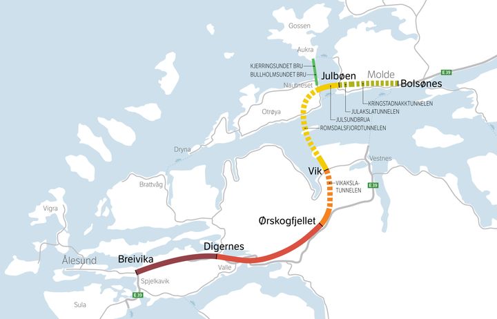 E39 Ålesund-Molde inneholder flere tunneler, bruer og vegstrekninger. I første omgang skal strekningen fra Ørskogfjellet mot Molde ut på anbud.