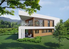 FUNKISINSPIRERT: Form 1.0 har et moderne utrykk med funkisinspirerte elementer. Boligen har et sterkt arkitektonisk utrykk og kvaliteter som skiller seg ut i boligmarkedet. Form 1.0 er sammensatt av stående og liggende kledning, hvorav linjer og enkelt elementer er med å skape noe spennende visuelt. Illustrasjon: Mesterhus