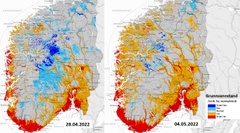 Kartet viser grunnvannstand sammenlignet med hva som er vanlig (1981-2010). Grunnvannstanden er simulert ved bruk av en hydrologisk modell basert på værobservasjoner og -prognoser pr. 28.04.2022. Kilde: senorge.no