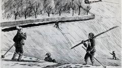 For Skiforeningen (sidan 1883) var det avgjerande at ungdom og vaksne ikkje tok av seg skiene i motbakkane, men dyrka amatøridealet om den allsidige skiløparen – som både kunne gå langt og skri fort på ski. Teikninga er frå memoarboka til Ernst Bjerknes, gjeven ut i 1943.