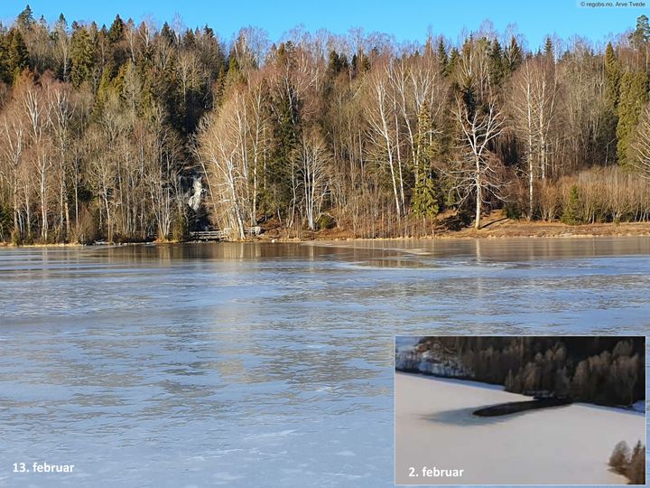 Innløpsosen på Semsvannet i Asker er betydelig større enn vanlig, og islegges nå i kalde netter med tynn is. Foto: Arve M. Tvede og innfelt Ånund Kvambekk, NVE.