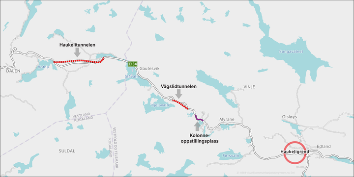 Kolonneoppstillingsplassen kommer på E134 mellom Myrane og Kjelavatn. (Illustrasjon: Statens vegvesen).