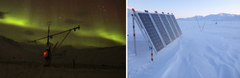 Det trengs mye arbeid for å måle utslipp fra permafrost gjennom vinteren. Målestasjonene får sin energi fra solens stråler eller vindkraft. Det er ikke noe problem på en klar vinterdag (t.h.), men i mørketider (t.v.) er det krevende, og batterier må ofte byttes ut manuelt. Fra målestasjonen i Adventdalen på Svalbard. Foto: Norbert Pirk (v.) og Frans-Jan Parmentier (h.)/UiO