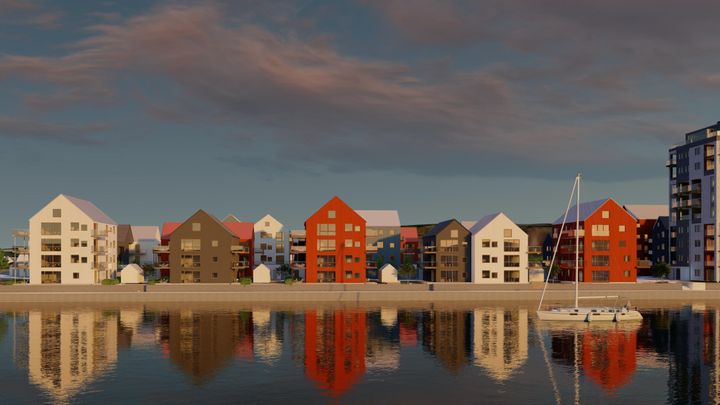 Boligprosjektet Smietangen består totalt av 120 leiligheter. Illustrasjon: Spir Arkitekter.