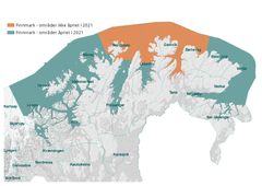 Det oransje feltet viser sjøområdene i Finnmark hvor det i 2021 ikke blir åpnet for fiske etter laks med faststående redskaper. Grafikk: Miljødirektoratet