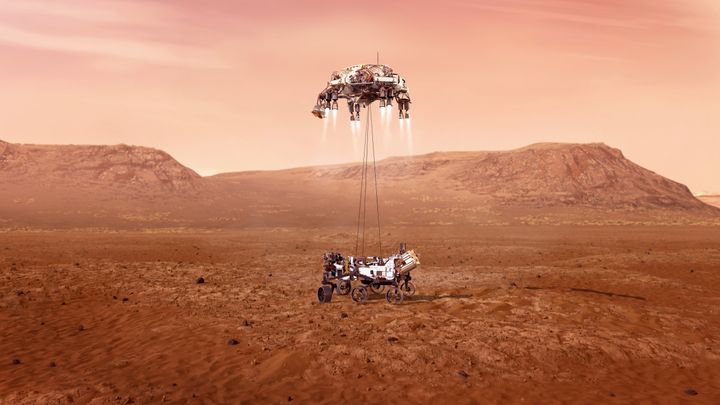 Et av de mest kritiske øyeblikket i Mars2020 ekspedisjonen er når det ett tonn tunge Mars-kjøretøyet skal fires ned på overflaten fra landingsfartøyet.