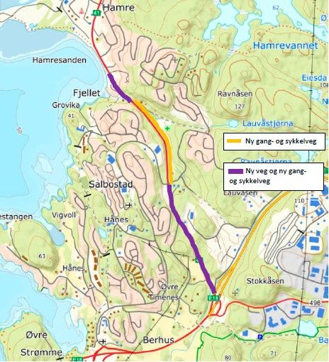 Enkelt kart over strekningen som skal bygges. (Bedre kart er under utarbeidelse)