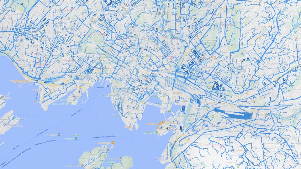 Kart med vannveier og vannoppsamling i Oslo.