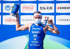 Kristian Blummenfelt leder VM-serien 2021 etter å ha vunnet 1. runde, i Yokohama 15. mai. Bildet er kjøpt av Norges Triatlonforbund. Bildet kan brukes av andre redaksjonelt.