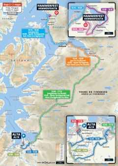 Stengetider for berørte veier på etappe 2 av Arctic Race, 18. august. Illustrasjon: Arctic Race of Norway.