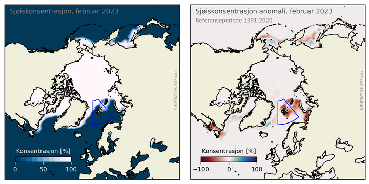 Til venstre: Sjøiskonsentrasjonen i Arktis for februar 2023. Blått er åpent hav, mens hvitt er 100 % is. Til høyre: Avvik i prosent av iskonsentrasjonen fra normalperioden 1991-2020. Røde områder har mindre is enn normalt mens blå har mer. Den blå boksen indikerer Svalbardregionen som vises i figur 3.