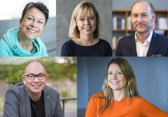 NTBs språkpris får ny jury. Øverst fra venstre: Tekstdoktor Christine Calvert, direktør i Språkrådet Åse Wetås, Fritt Ord-direktør Knut Olav Åmås, språkansvarlig i NTB Rune Wikstøl og juryleder Therese Manus, leder i Kommunikasjonsforeningen. Foto: NTB scanpix