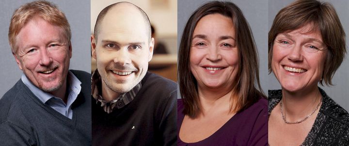 Kai Aage Pedersen, Anders Opdahl, Heidi Pleym og Sigrid Gjellan er fire av fem nye regionredaktører. (Foto: Ole Kaland/NRK og Yngve Olsen Søbbe)