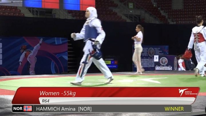 Amina Hammich fra Grorud Taekwondo Klubb vant første kamp i junior-VM. Fotodump: World Taekwondo på YouTube