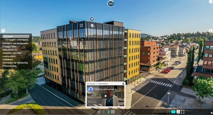 Steinkjerbygg har satset på en innovativ og fremtidsrettet måte å presentere sitt nye kontorbygg O2-huset på Steinkjer. Den interaktive 360-visningen gir alle muligheten til å bli godt kjent med bygget og dets fasiliteter.
